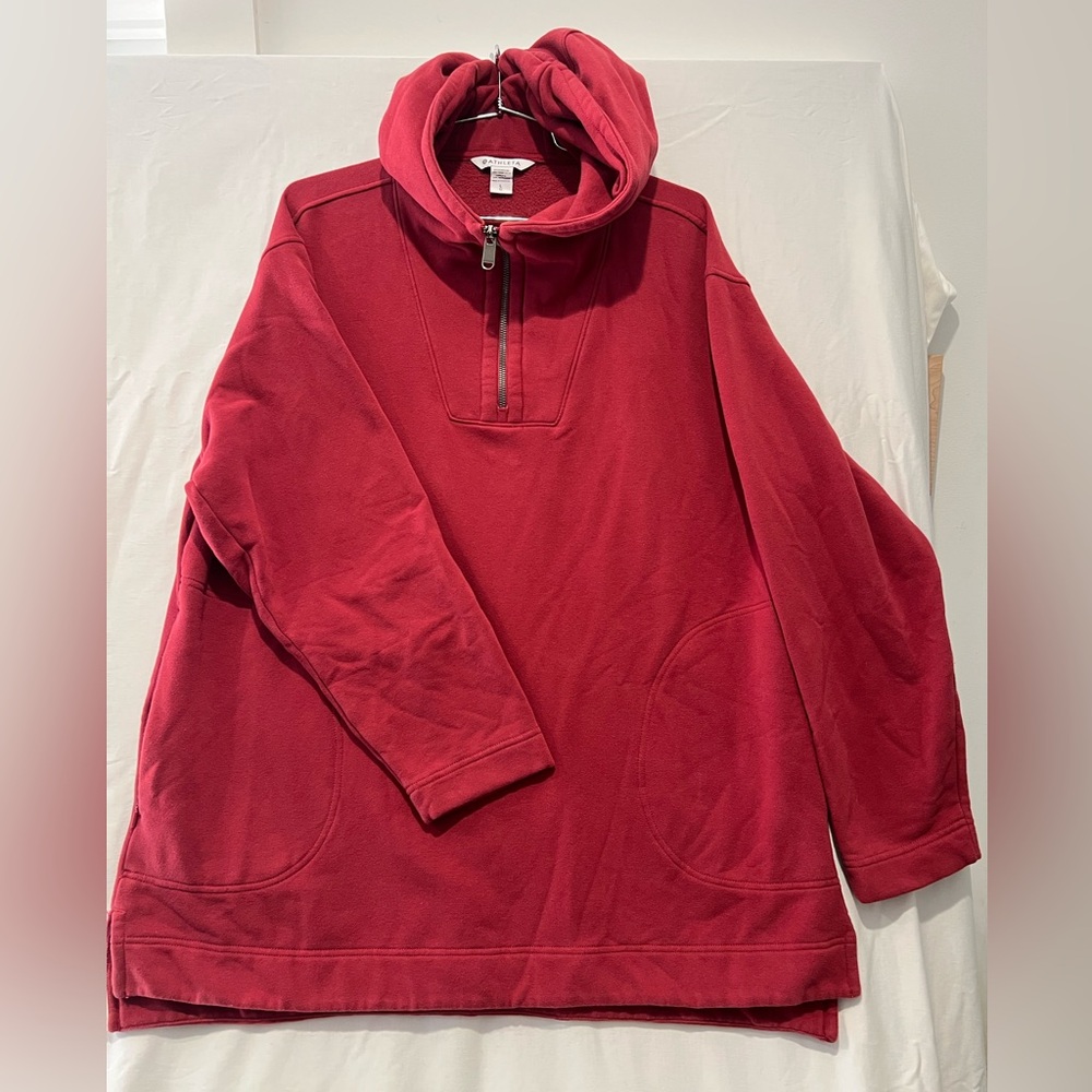 Athleta 3/4 Zip Hoodie Red Cozy Pullover Sweatshirt Kangaroo Pocket Large